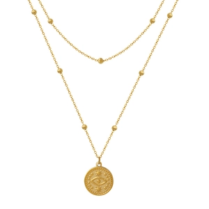 Double-layered gold titanium steel necklace with evil eye coin pendant and beads