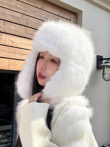 White faux fur trapper hat for women, ultra soft winter ski cap with warm ear flaps