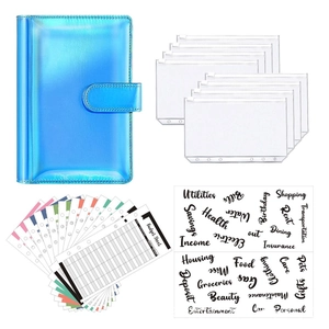Blue A6 PU leather budget binder set with clear zipper envelopes and stickers