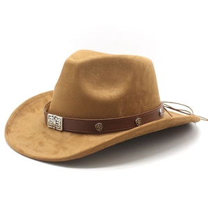 Close-up of brown suede fedora with leather band and vintage silver buckle detailing