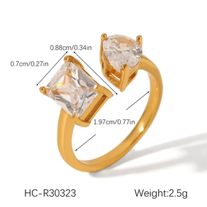 Detail view of 18K gold stainless steel open ring with heart and square zircon dimensions