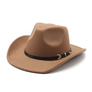 Classic camel wool fedora hat with black leather belt and vintage wide brim for men and women