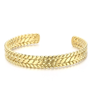 9mm gold stainless steel open bangle with woven wheat pattern and polished finish