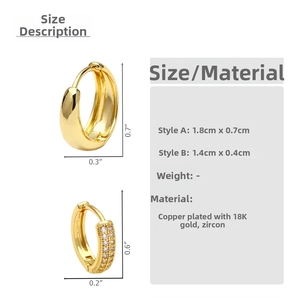 Size chart for zircon hoop earrings with 18K gold plated copper dimensions
