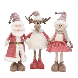 Three plush Christmas figurines including Santa Reindeer and Snowman in pink and grey