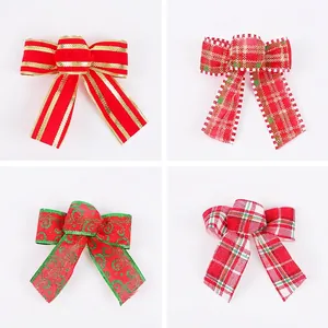 Assorted Christmas ribbon bows with gold stripe and plaid designs for tree decoration