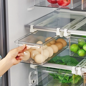 Hanging drawer refrigerator organizer for eggs and produce shown in a fridge setting