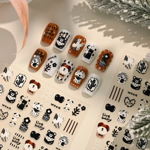Cute cartoon nail stickers featuring bears, dogs, and cacti in warm brown and white tones