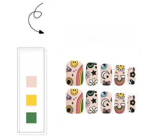 Detail view of 10pcs assorted cartoon press-on nails with smiley and floral patterns