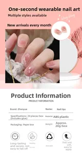 Pink gradient press-on nails with pearls and glitter shown in detail with sizing chart