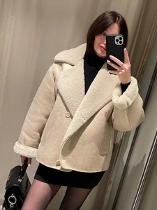 Women's beige faux suede shearling jacket with warm fleece collar and button closure
