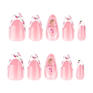 Faux ongles amande dégradé rose avec French manucure blanche et motifs tulipes doux