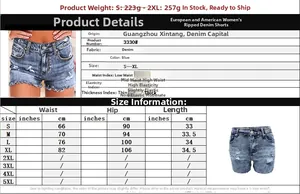 Tabla de tallas detallada para pantalones cortos vaqueros de mujer con medidas en cm