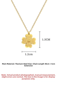 Detail showing dimensions of gold clover necklace in titanium steel with 40cm chain