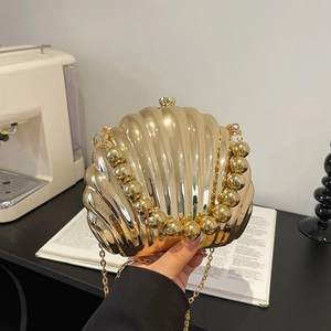 Shell Clutch Evening Bag Acrylic Shiny Metallic Surface With Bead Handle And Detachable Chain Strap For Women Wedding Party