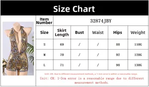 Detailed size chart for printed backless halter jumpsuit showing S, M, L measurements
