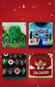 Detail of LED Christmas beanie featuring high-elasticity knit and colorful festive lights