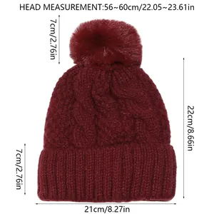 Detailed size chart for burgundy thick knit winter beanie with head measurements