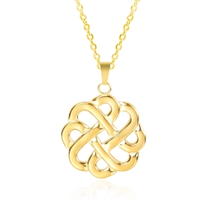 Macro shot of 18k gold plated stainless steel hollow interlocking witch knot pendant