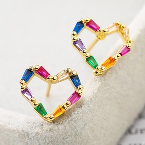 Gold plated heart stud earrings with multi-colored zircon stones and geometric design