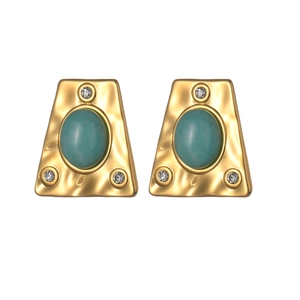 Minimalist 18K gold plated trapezoid stud earrings with turquoise stone and rhinestones