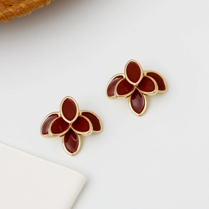 French vintage floral gold earrings with reddish brown enamel petals on white background