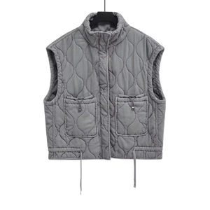 Women Wave Quilted Vest Stand Collar Zipper Padded Waistcoat With Drawstring Pockets Lightweight Gray