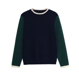 Pull en maille col rond classique bleu marine et vert foncé avec finitions côtelées blanches