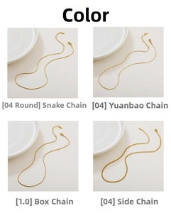 Detail of four golden stainless steel chains: snake, ingot, box, and curb chain styles