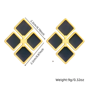 Detailed view of gold square earrings with black inlay showing 2.2cm size and 9g weight