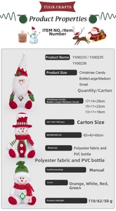 Detailed size specifications for Santa and Snowman PVC candy jars with fabric decorations