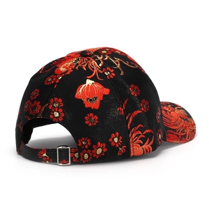 Ethnic cotton baseball cap with red and gold floral embroidery and metal buckle