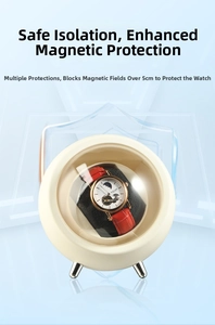 Detail of round watch winder with anti-magnetic shielding and matte white finish