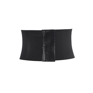 Detail of black corset belt with elastic band and faux leather front panel design