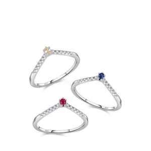 Three-piece S925 sterling silver V-shaped rings with pear-cut colorful zircons
