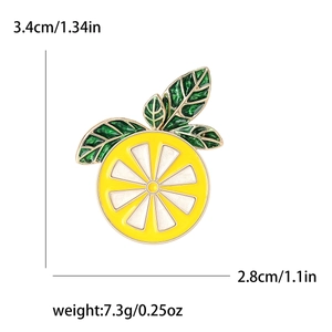 Vibrant yellow enamel lemon slice brooch showing exact dimensions and weight details