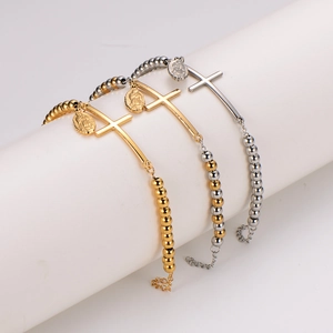 Beaded Bracelet 304 Stainless Steel Religious Cross And Virgin Mary Medal Pendant Hip Hop Jewelry For Men Women Adjustable