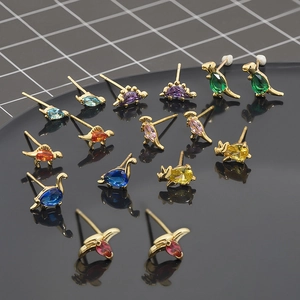 Cartoon dinosaur stud earrings in 18K gold finish with colorful zircon crystals