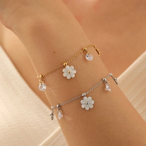 Daisy Flower Bracelet Necklace Jewelry Stainless Steel White Shell Dainty Dangle Chain Zircon Elegant Women Gift