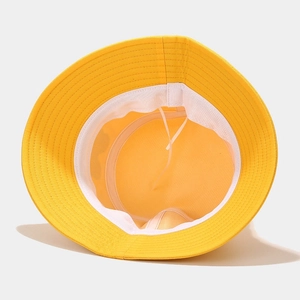Internal view of the yellow bucket hat featuring adjustable drawstring and sweatband details