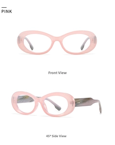 Close-up of pink oval frame glasses with marble texture temples and metal studs