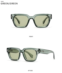 Detaillierte Front- und Seitenansicht der grünen quadratischen Sonnenbrille mit Rahmen