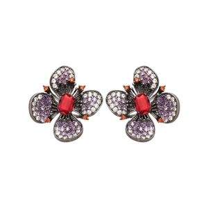 Vintage style floral butterfly stud earrings with colorful crystals on black metal base