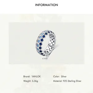 925 sterling silver ring with three rows of blue and white zircons, 6.6mm wide band