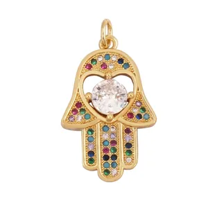 Detail of Hamsa Hand pendant with 23mm height, micro-pave zircons and clear center stone