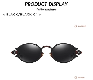 Detailed front and side view of oval steampunk sunglasses with intricate floral engraving