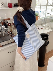 Striped Canvas Tote Bag Large Capacity Casual Shoulder Handbag For Daily Commuting Office School