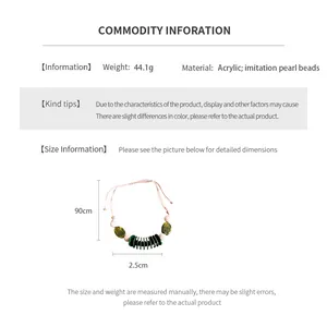Size chart showing 90cm long leather double-layer necklace with oval imitation pearls