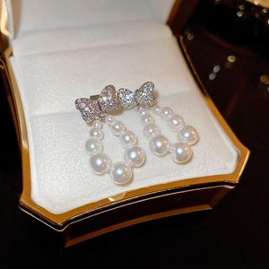 Bowknot Drop Earrings With Copper Zircon Imitation Artificial Pearl And Silver Earring Post Elegant Sweet Jewelry For Women