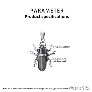 Detail view of beetle pendant in aged stainless steel with 43x34mm size and 9.5g weight